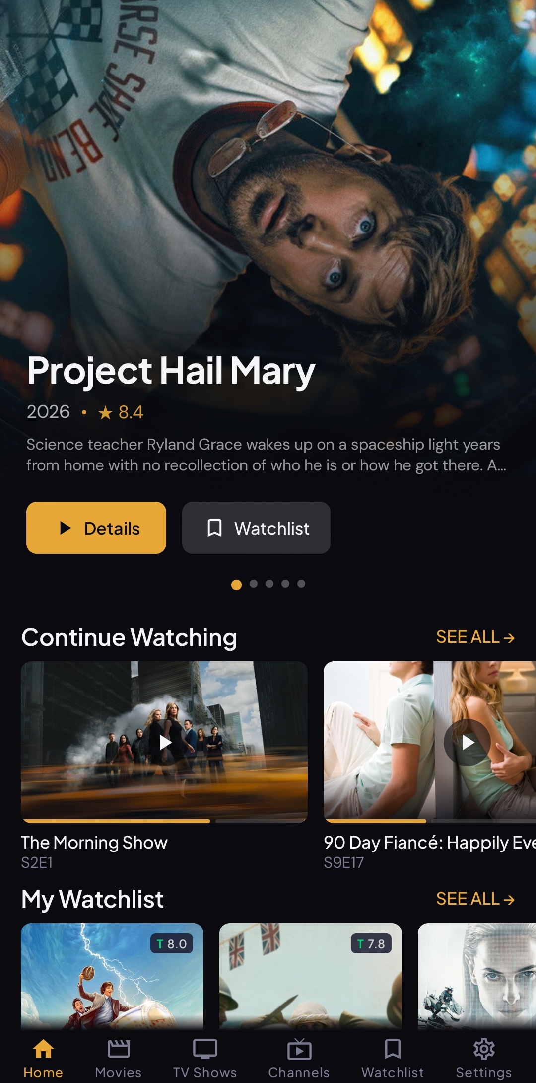 Torve home screen showing trending movies and shows