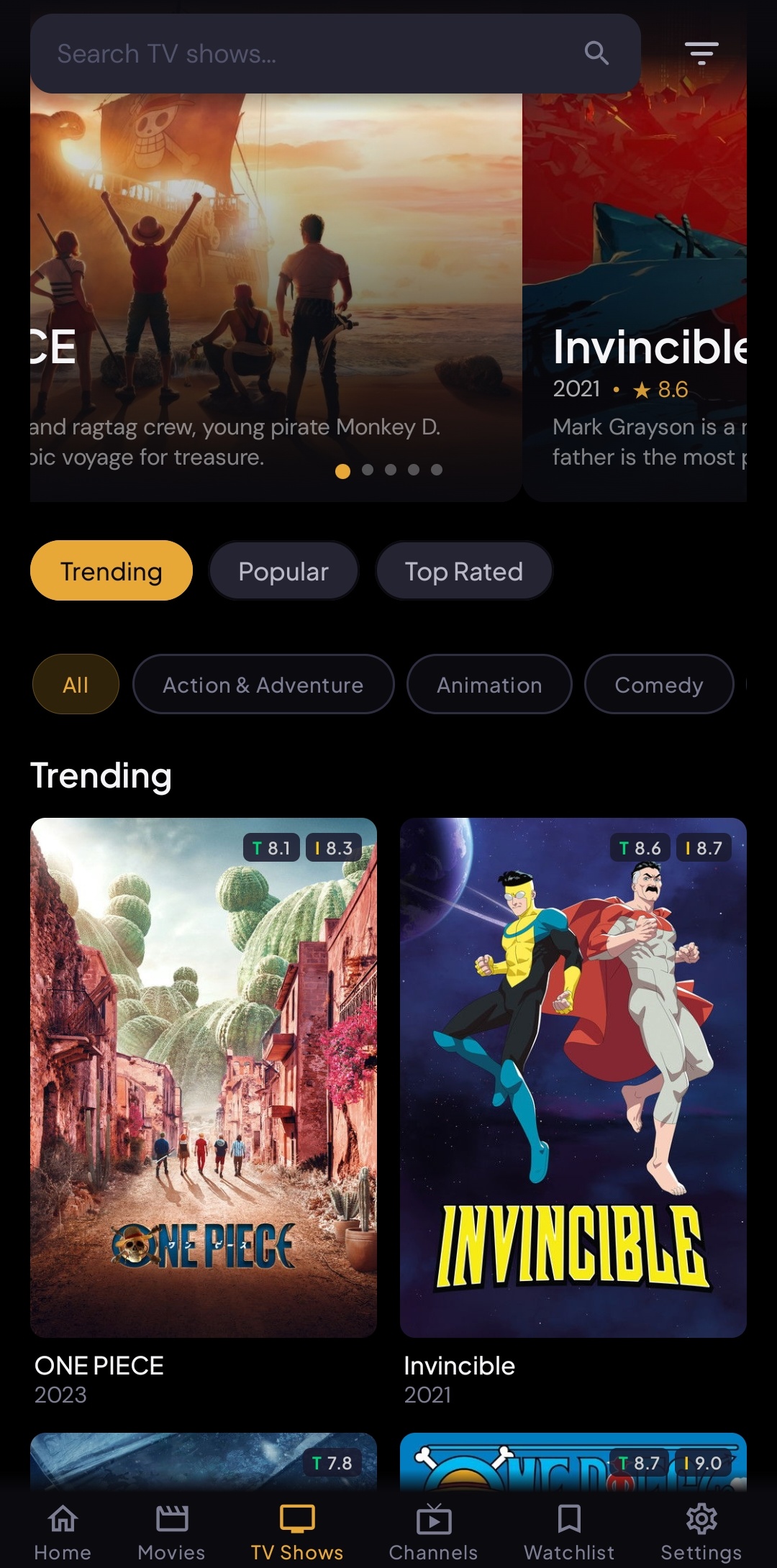 Torve shows browsing on mobile