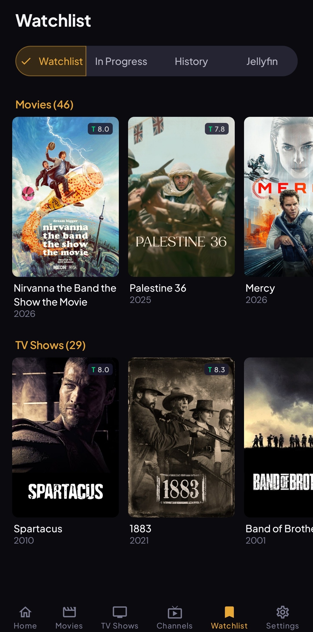 Torve watchlist with saved shows and movies
