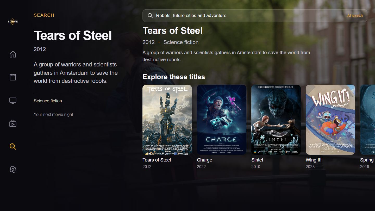 Recreated Torve TV search featuring Tears of Steel and licensed film posters