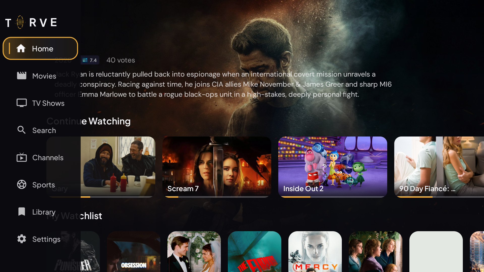 Torve home screen showing media rows and navigation
